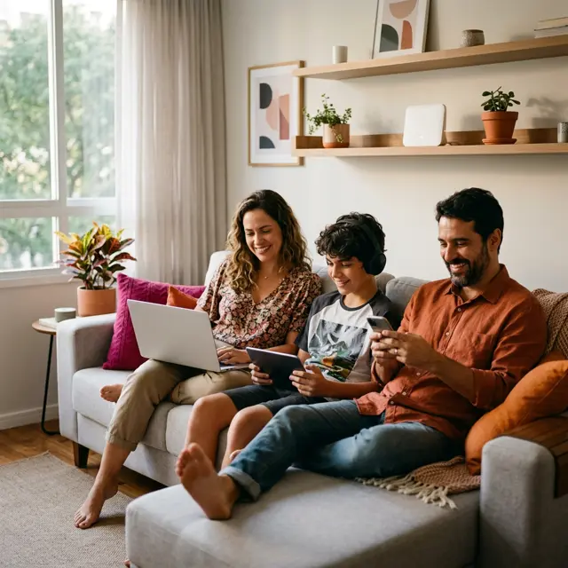 Família sorrindo no sofá da sala usando notebook, tablet e celular conectados à internet